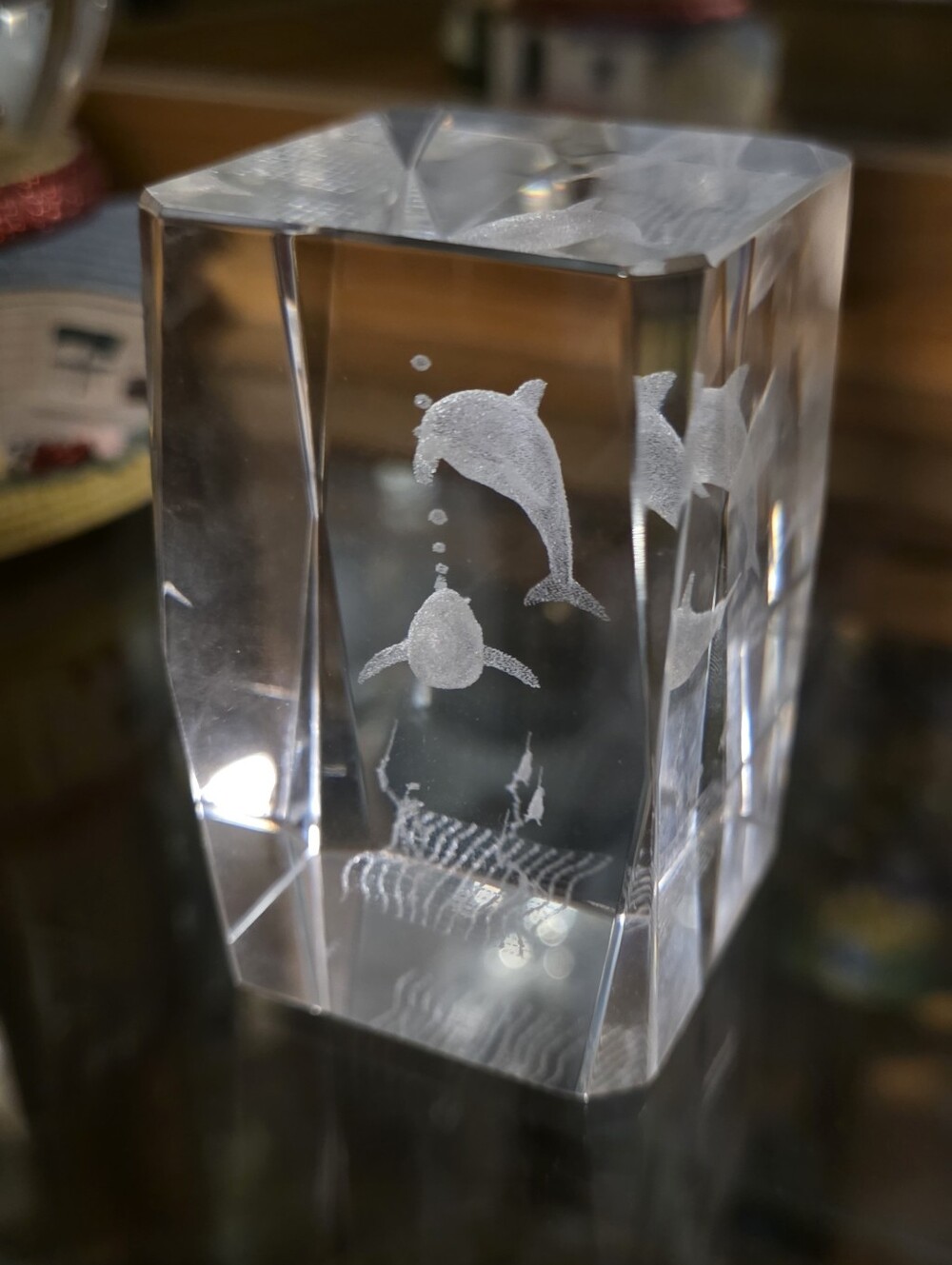 Crystal Paperweight with Etched Dolphins - Clear - Picture 2 of 2